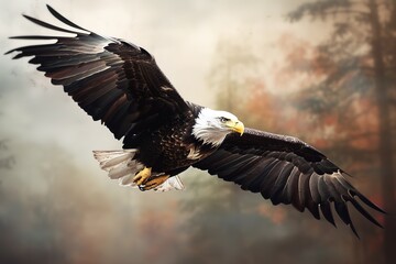 Obraz premium A majestic and powerful Bald Eagle soaring through the sky, showing off its majestic and powerful nature. Generative AI