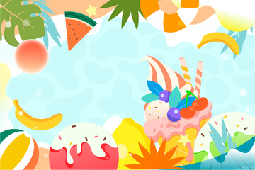 Eating sorbet ice cream in summer with beach and plants in the background, vector illustration