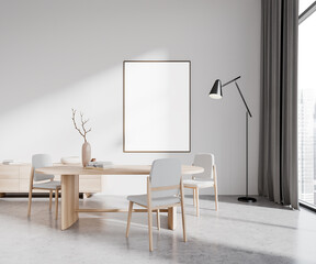 White living room interior eating table and sideboard with window, mockup frame