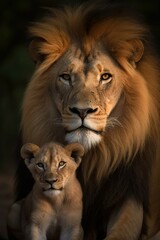 Obraz premium Portrait composition of a male lion with cubs at a barren savanna in Africa. AI-generated images