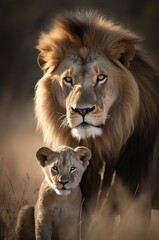 Portrait composition of a male lion with cubs at a barren savanna in Africa. AI-generated images