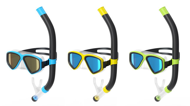 Set of diving mask and snorkel for snorkeling on white background.