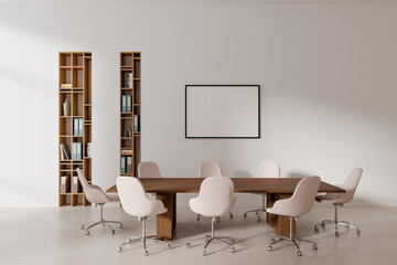 White office meeting room with bookcases and poster