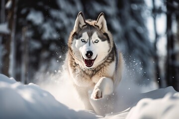 A majestic and powerful Siberian Husky running in the snow, showing off its strong and powerful build and thick coat. Generative AI