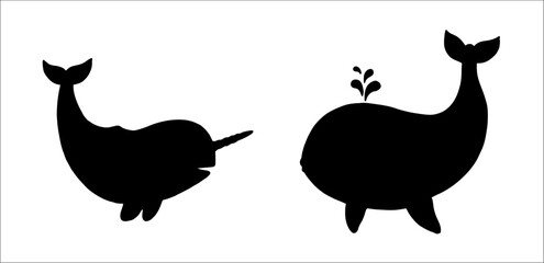 Black silhouette of narwhal and whale. Vector template with funny and happy animals. Coloring page for kids. - obrazy, fototapety, plakaty