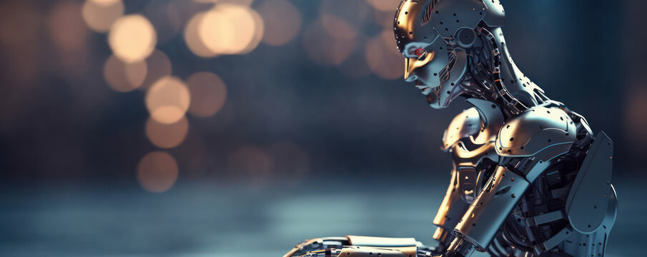Metallic AI robot that is sitting and thinking on blurred bokeh background with copy space. Generative AI