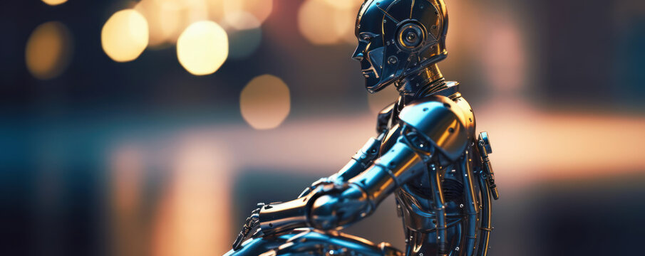 Metallic AI robot that is sitting and thinking on blurred bokeh background with copy space. Generative AI