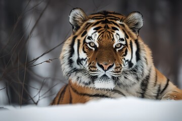 A majestic and powerful Siberian Tiger resting in the snow, showing off its majestic and powerful nature. Generative AI