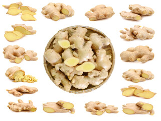 Collection fresh ginger root whole and slice isolated on white background. Creative medical concept, spice in cooking