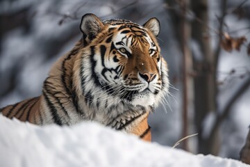 Fototapeta na wymiar A majestic and powerful Siberian Tiger resting in the snow, showing off its majestic and powerful nature. Generative AI
