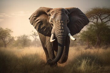 Fototapeta na wymiar A majestic and regal African Elephant walking through the savanna, showing off its majestic and regal nature. Generative AI