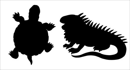 Black silhouette of turtle and iguana. Vector drawing with funny reptiles. Template for children to cut out.