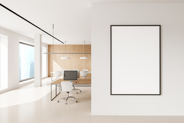 Obraz na płótnie Canvas White and wooden open space office with poster