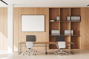 Wooden office interior with pc computer and shelf with documents. Mockup frame