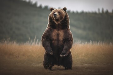 A massive and imposing Grizzly Bear standing on its hind legs, showing off its massive and imposing nature. Generative AI