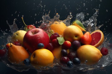 Fototapeta na wymiar mixed fruit on black background water splash