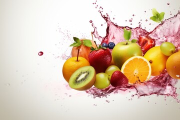 Fototapeta na wymiar mixed fruit on white background water splash