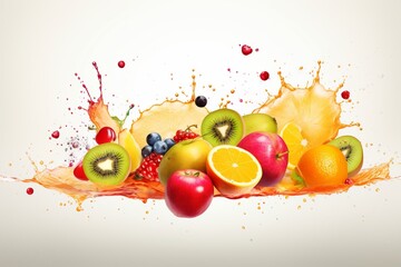 mixed fruit on white background water splash