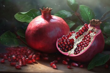 Ripe red pomegranate fruit cut in half