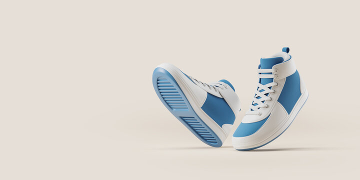 Blue sneakers moving on copy space empty background