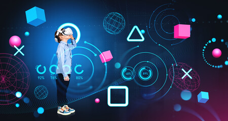 Kid in vr glasses playing and looking up at metaverse icons, dig