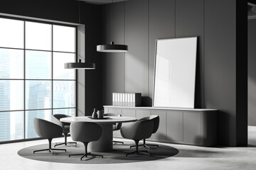 Fototapeta na wymiar Grey business room interior with meeting table and window. Mockup frame