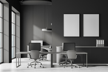 Grey office interior with coworking and conference zone, window. Mockup frames