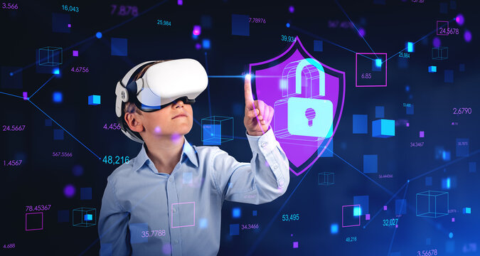 Child in vr glasses, finger touching glowing padlock, kids safe - Powered by Adobe