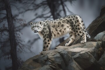Obraz premium A mysterious and elusive Snow Leopard prowling through the mountains showing off its mysterious and elusive nature. Generative AI