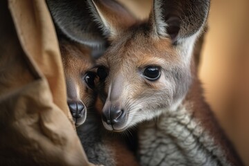 A playful and curious baby kangaroo peeking out of its mother's pouch. Generative AI