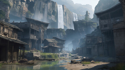 Waterfall in the mountains. Old village. Generative AI