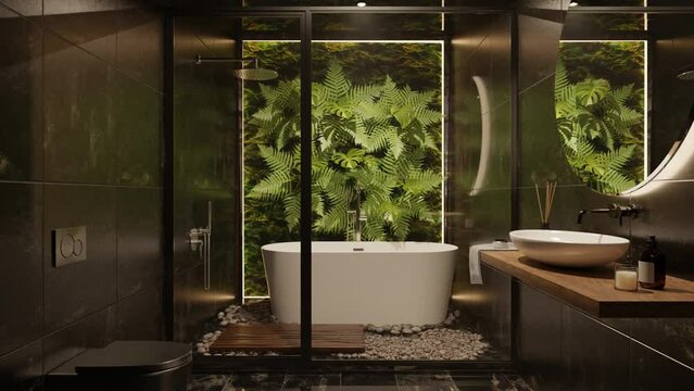 3D rendering of bathroom interior, black toilet, dark design, minimalism, modern classics combined with tropical plants, nature, leaves on the wall, eco style, trend.