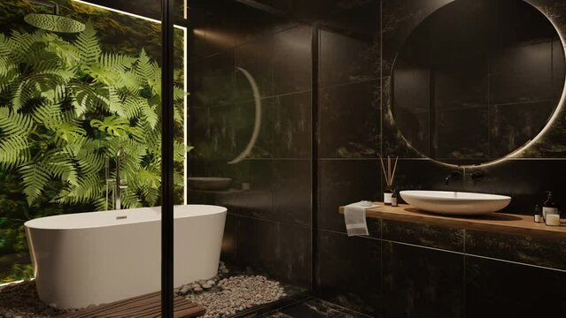 3D rendering of bathroom interior, black toilet, dark design, minimalism, modern classics combined with tropical plants, nature, leaves on the wall, eco style,