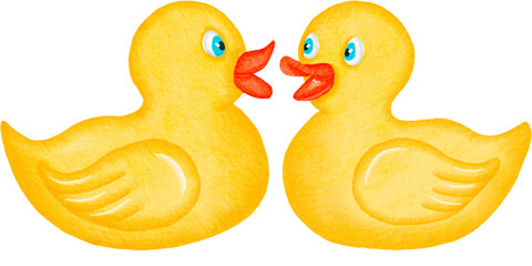Set of bath toys (2 orange ducks) - watercolor isolated illustrations. Simple, funny design. Cartoon style