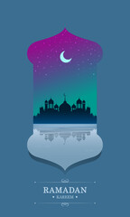 Naklejka premium Flat Ramadan Kareem background template with Big Mosque, Lake, aurora, stars, crescent moon, and night theme for instagram stories and greetings card.