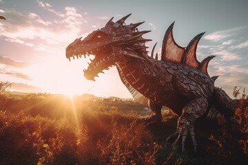 a giant mechanical dragon terrorizing a medieval kingdom 