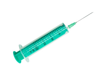 Empty syringe close up isolated on white background. Vaccine plastic hypodermic syringe. Close-up of medical syringe. Syringe for injection and vaccination solution.