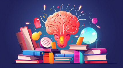 Brain illustration with books, knowledge, learning 
