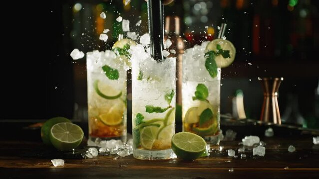 Super Slow Motion Shot of Prepairing Fresh Mojito Drink on Bar at 1000fps