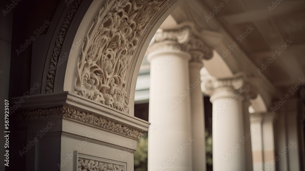 Poster  an arch in a building with columns and a clock on the side of the building with a clock on the front of the building and a clock on the side of the building.  generative ai