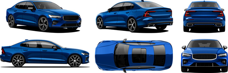 Realistic Vector Car Sedan Isolated blue color and 3d perspective with transparency gradients with front, back, side, top view - obrazy, fototapety, plakaty