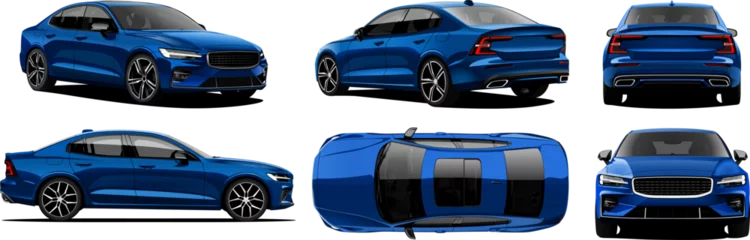 Foto op Canvas Realistic Vector Car Sedan Isolated blue color and 3d perspective with transparency gradients with front, back, side, top view © Jalil