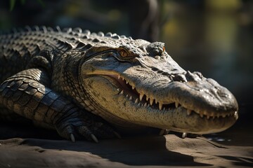 A ferocious and intimidating Nile Crocodile basking in the sun - This Nile Crocodile is basking in the sun, showing off its ferocious and intimidating nature. Generative AI