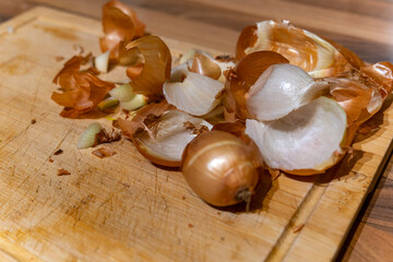 onion skins on a kitchen board