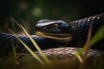 A fierce and intimidating Black Mamba slithering through the grass. Generative AI