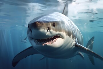 A fierce and intimidating Great White Shark swimming through the ocean. Generative AI