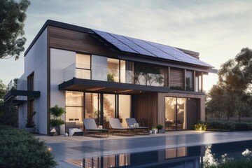 Fototapeta premium Country house with solar panels on the roof and a terrace and swimming pool, generative ai