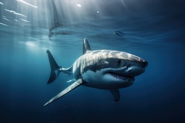Fototapeta premium A fierce and intimidating Great White Shark swimming through the ocean. Generative AI
