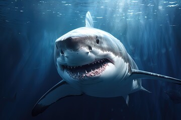 A fierce and intimidating Great White Shark swimming through the ocean. Generative AI