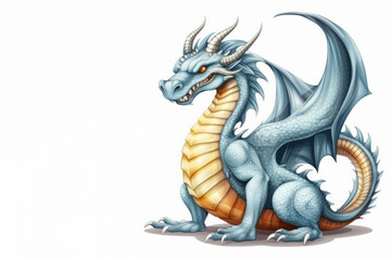 Obraz premium Blue cute dragon on a white background. Place for the test, copy space. AI generated. New Year 2024. Oriental culture.